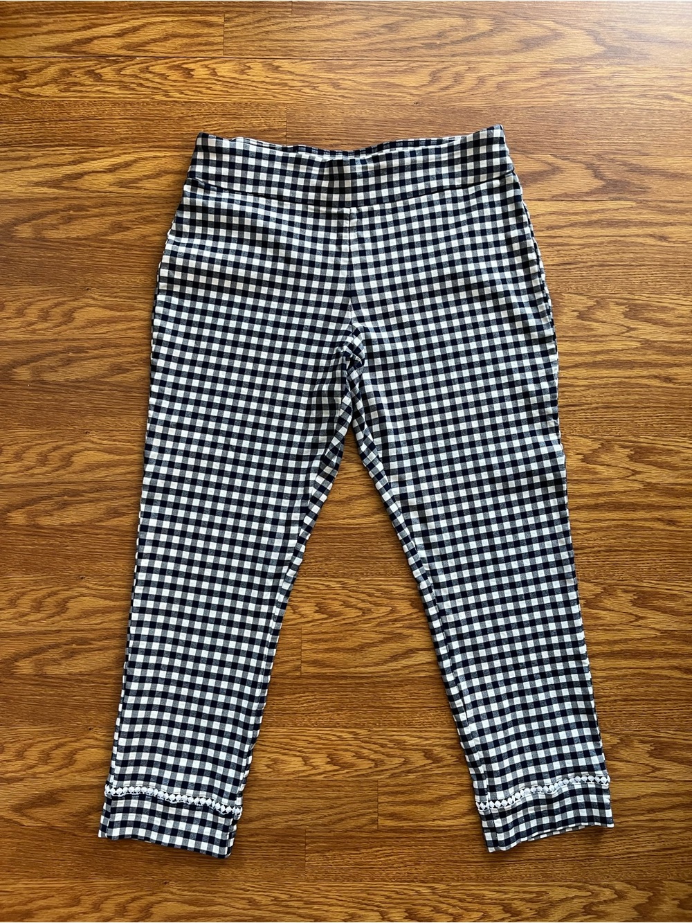 crown & ivy Navy and White Gingham ankle pants embellished hem 16
